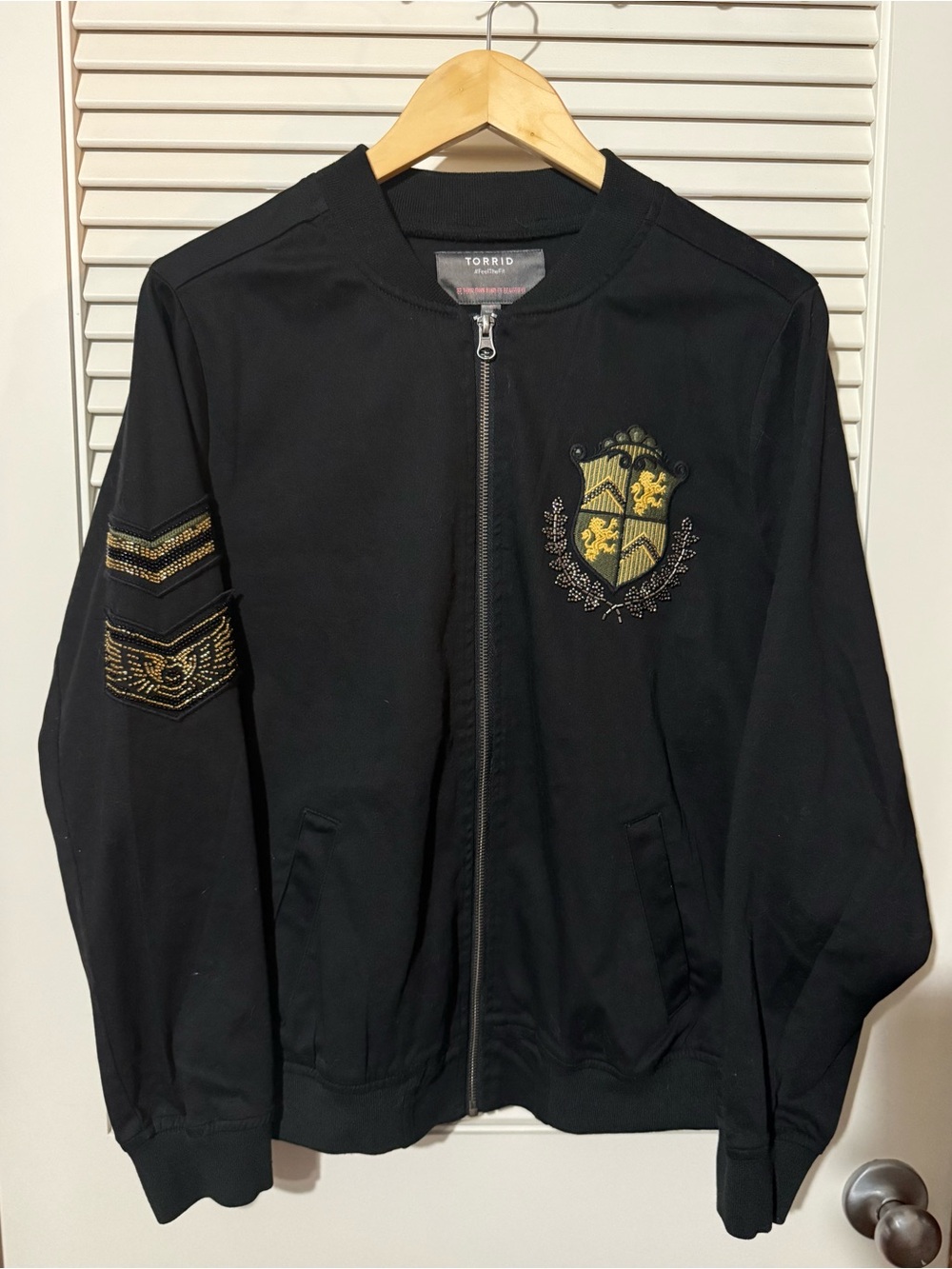 Torrid Black Bomber Jacket with Gold Embroidered Crest - Size 12